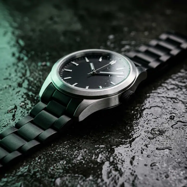 Brushed steel watch on wet concrete, raking mint light, razor-thin focus